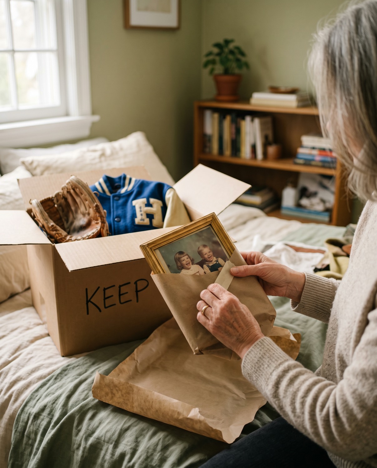 Hands wrapping a framed childhood photo beside a moving box marked KEEP