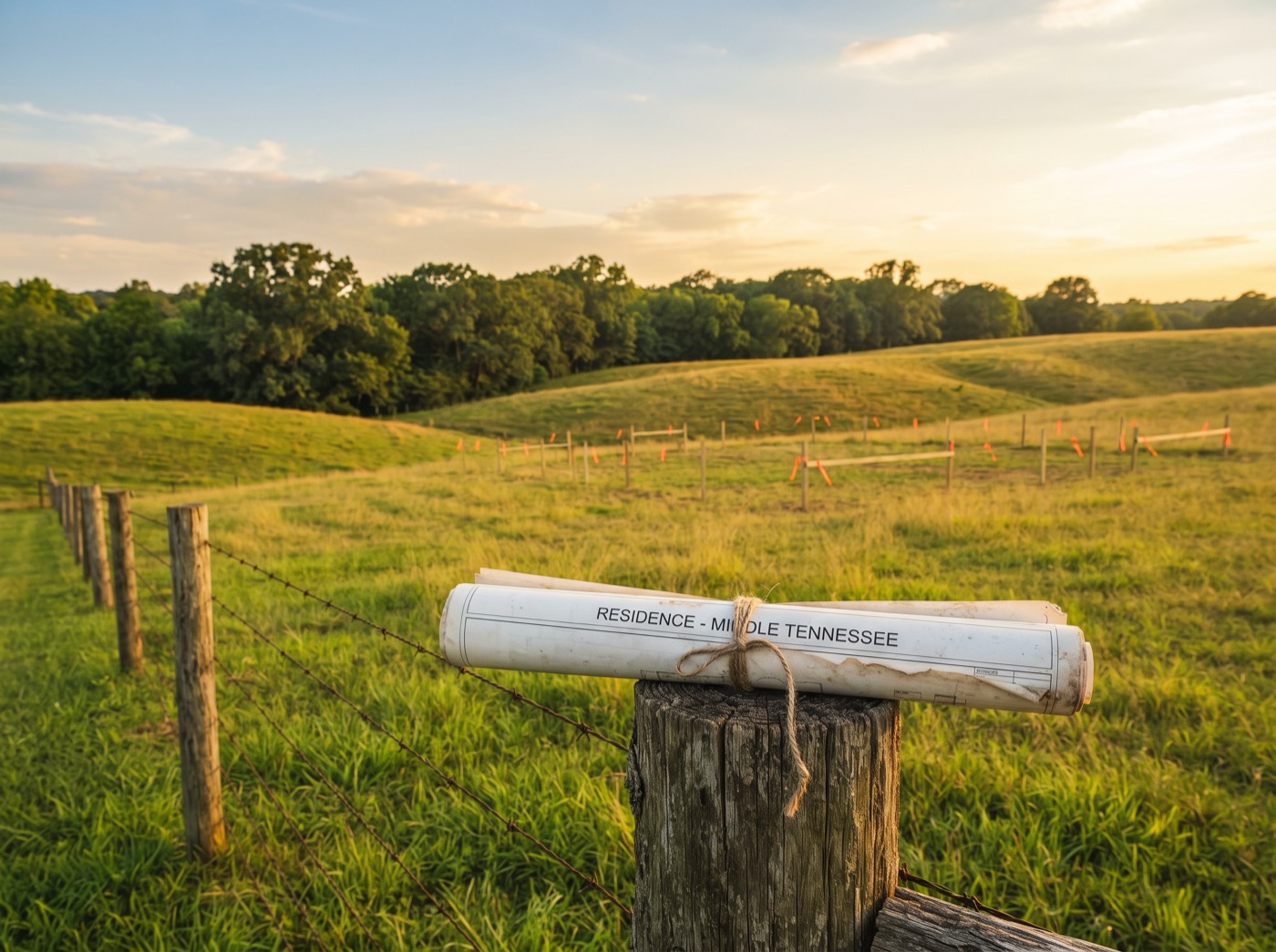 Survey stakes marking a homesite on rolling pasture