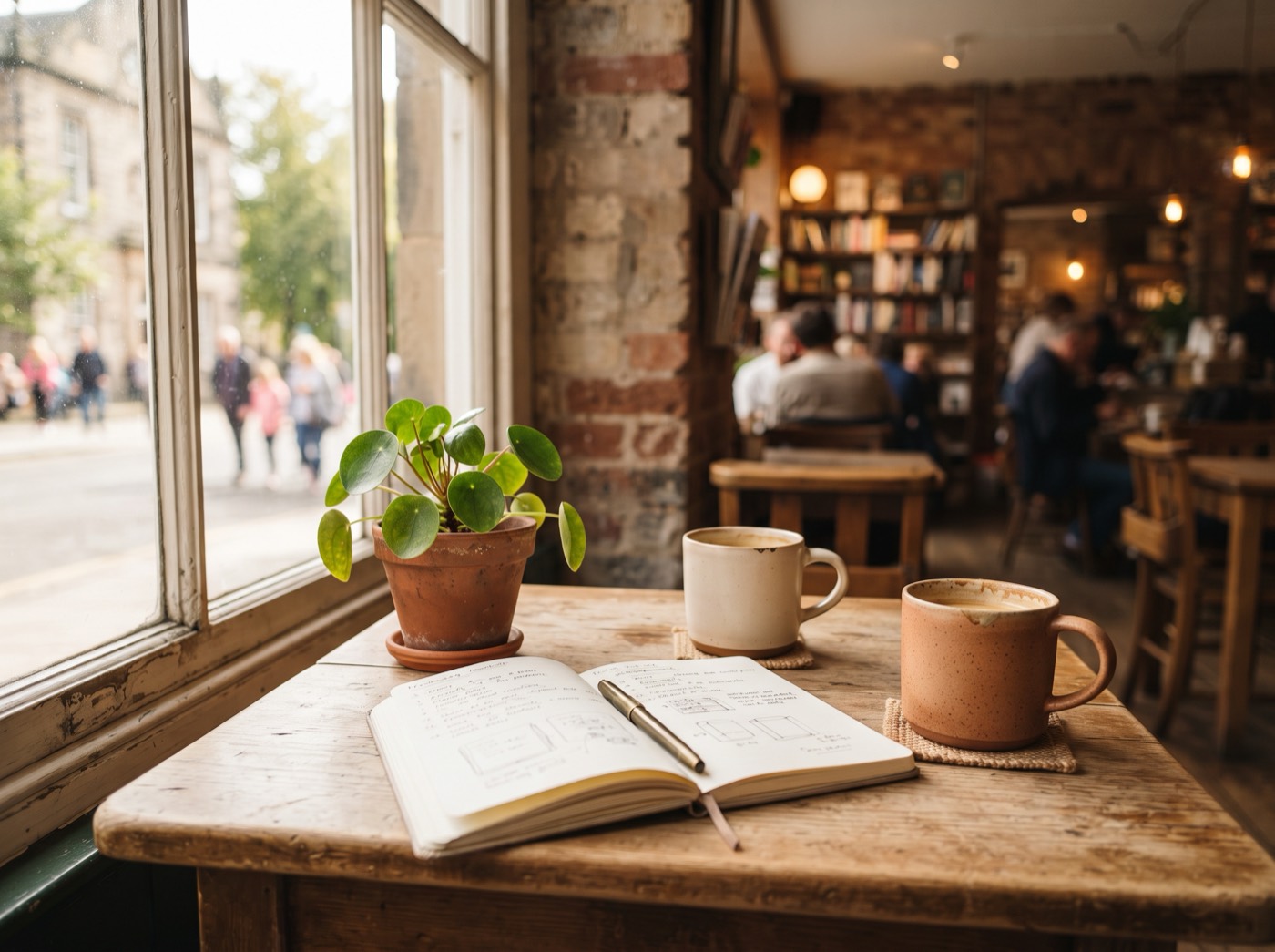 Two coffee mugs and a notebook on a cafe table