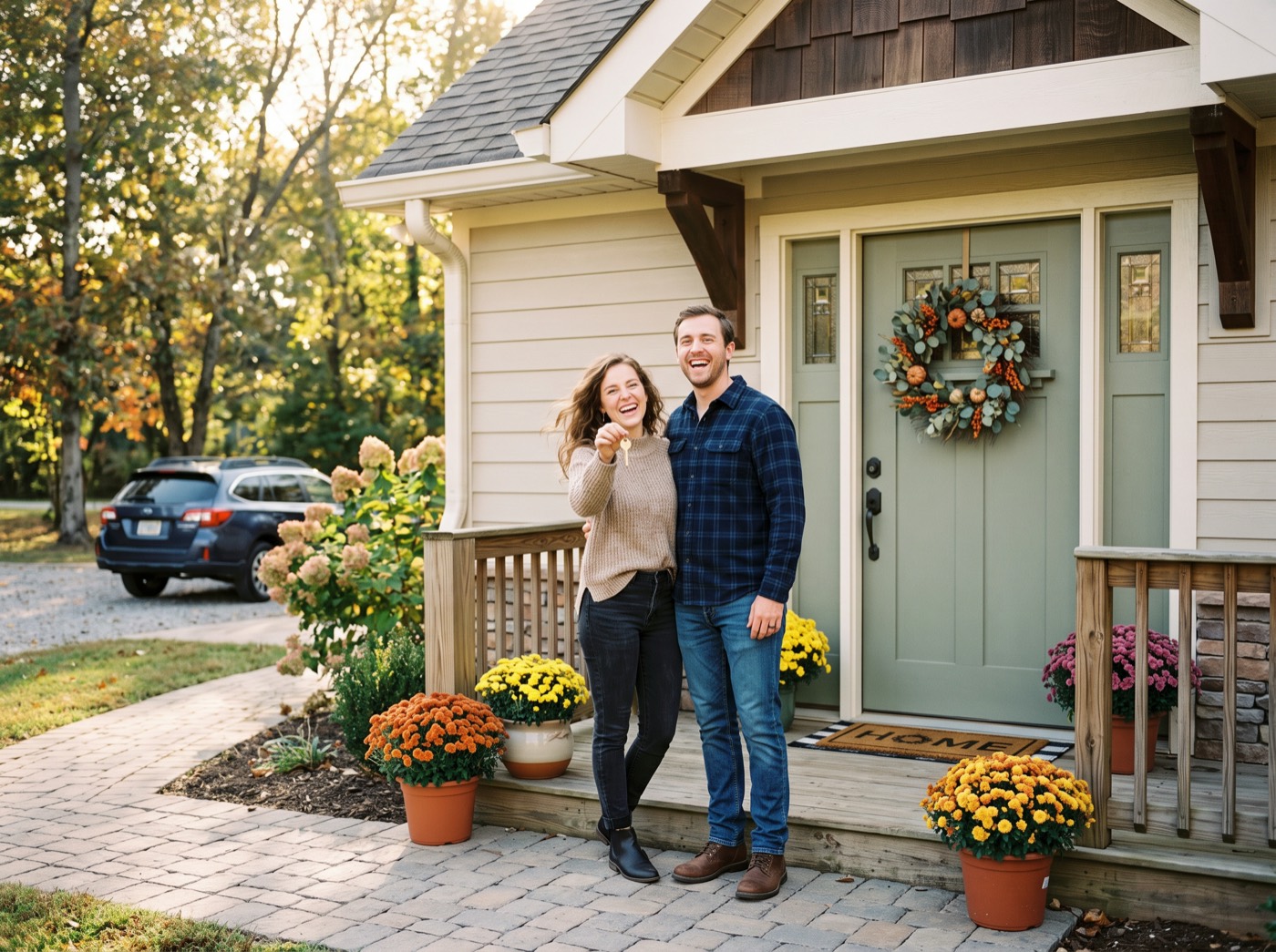 Young couple holding up the key to their first home