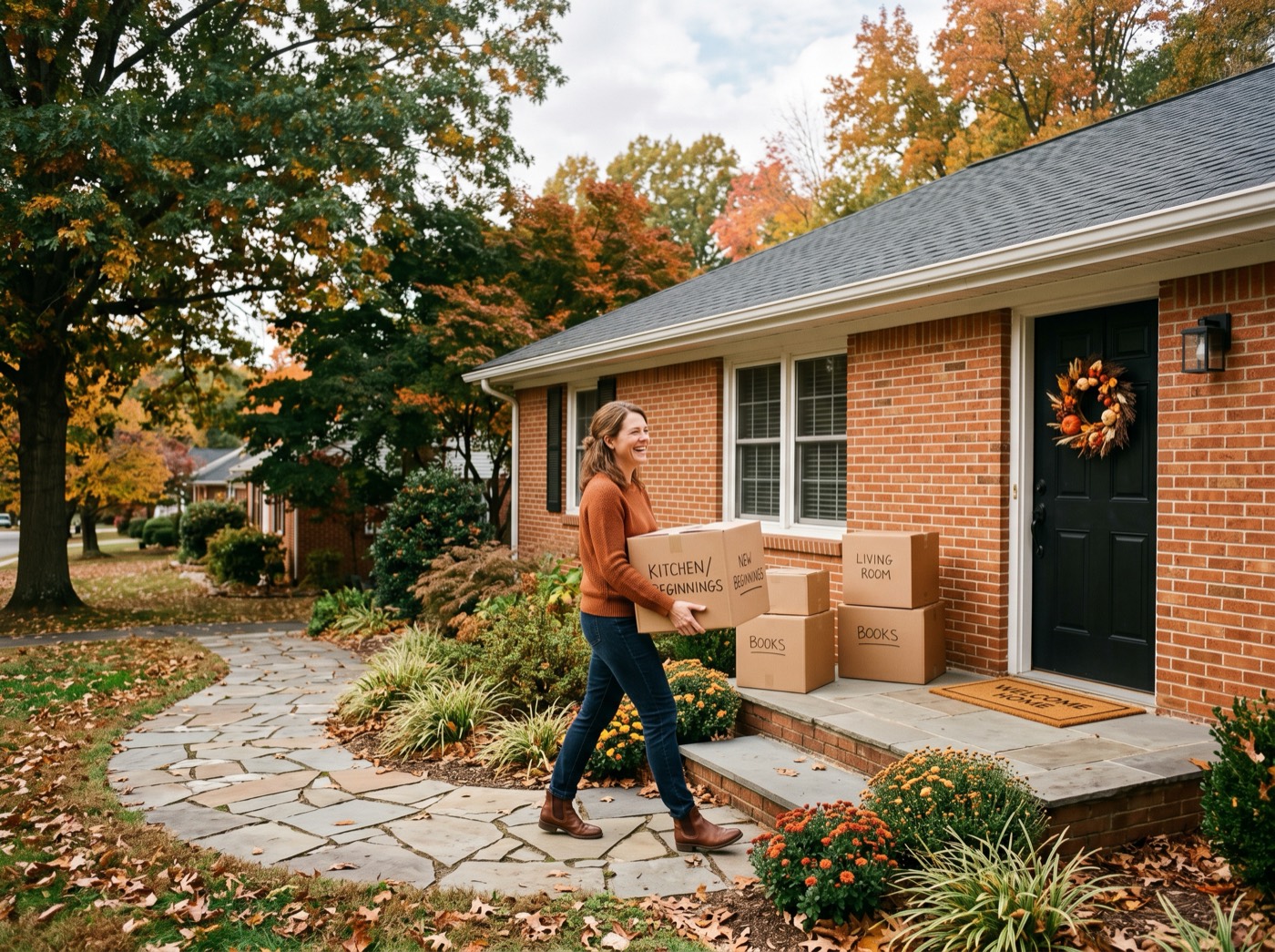 Woman carrying a moving box up to her new home
