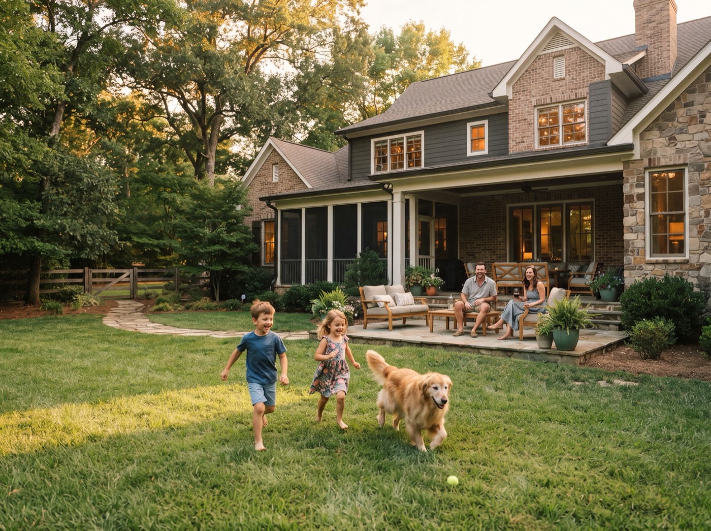 Kids and a dog playing in a big backyard