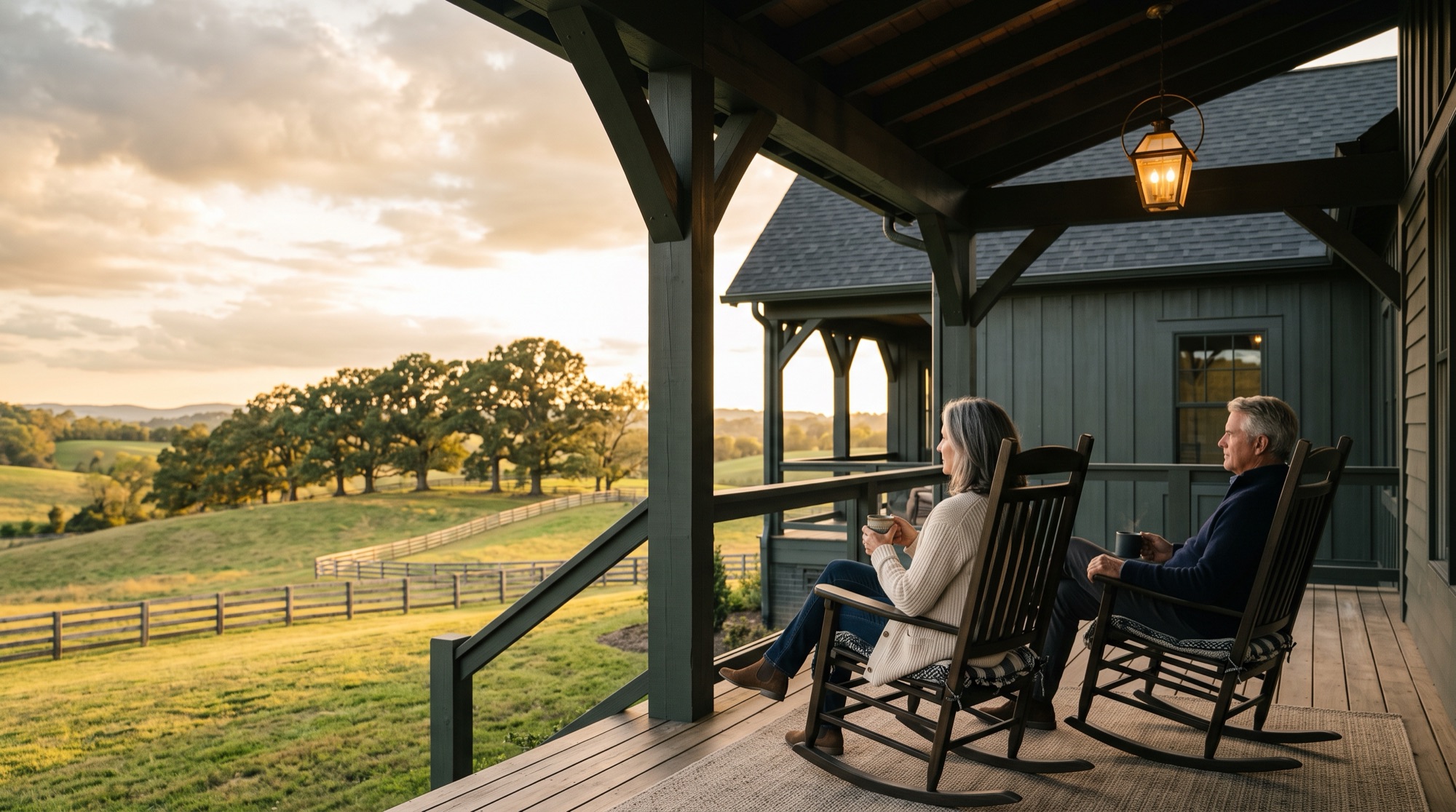 Couple in rocking chairs on a porch at golden hour